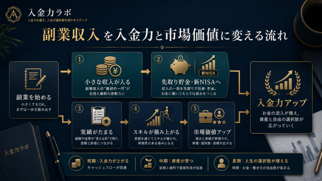 副業収入を入金力アップと市場価値向上につなげる流れを、小さな収入・先取り貯金と新NISA・実績蓄積・スキル向上・市場価値アップで示した図解
