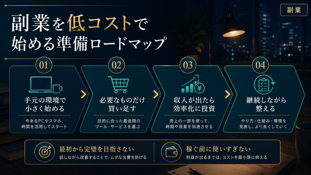 副業を低コストで始めるために、手元の環境で小さく始め、必要なものだけ買い足し、収入が出たら効率化に投資する流れを示したロードマップ図解