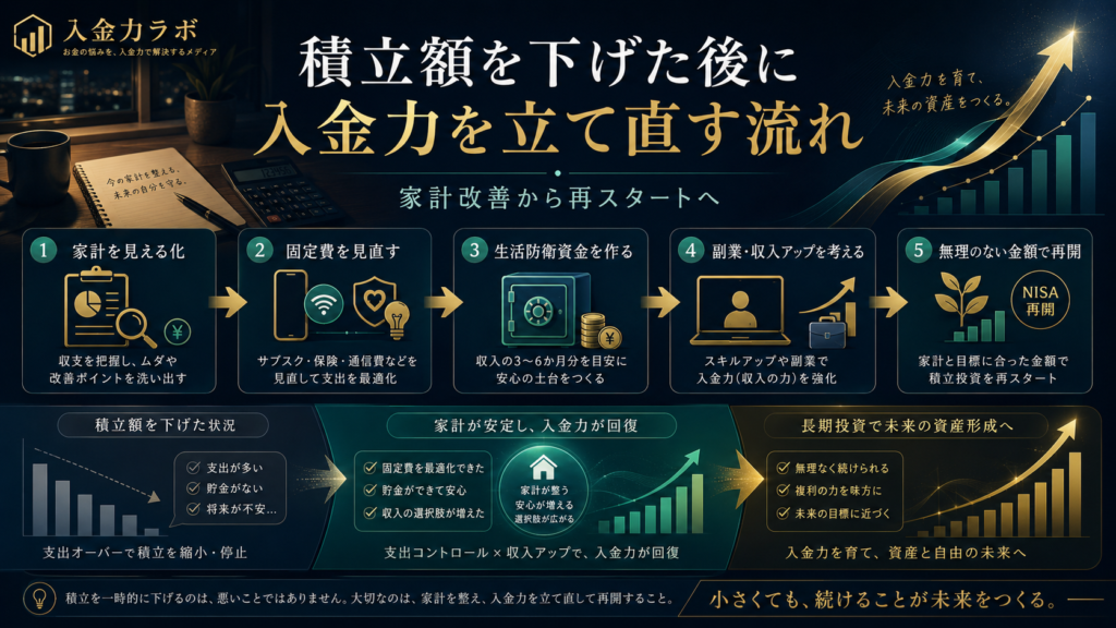 新NISAの積立額を下げた後に、家計の見える化・固定費削減・生活防衛資金・副業や収入アップ・無理のない再開で入金力を立て直す流れを示した図解