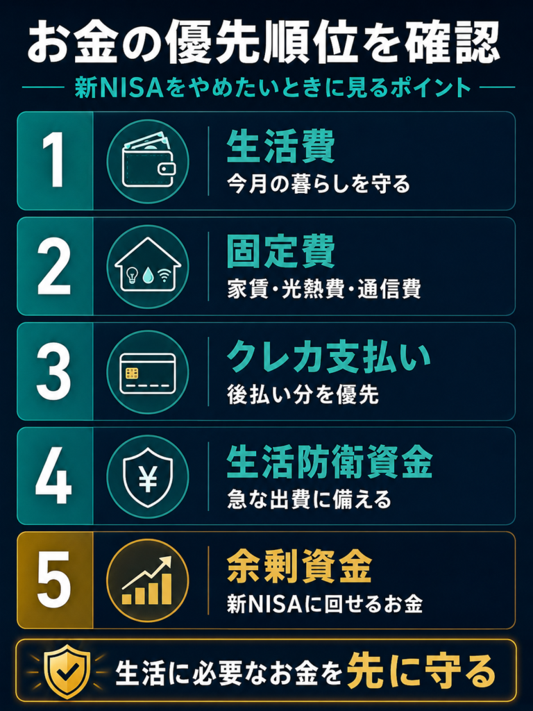新NISAをやめたいときに確認するお金の優先順位として、生活費・固定費・クレカ支払い・生活防衛資金・余剰資金を整理した図解