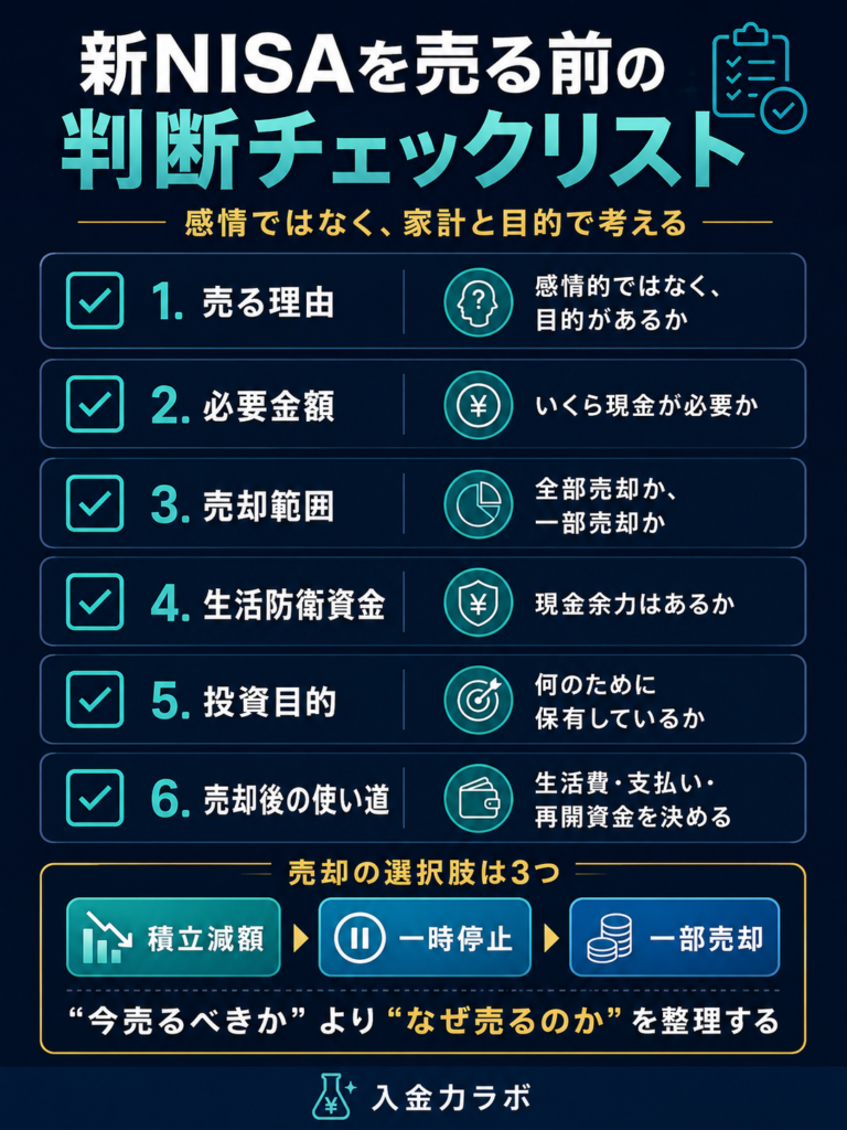 新NISAを売る前の判断チェックリストとして、売る理由・必要金額・売却範囲・生活防衛資金・投資目的・売却後の使い道を整理した図解