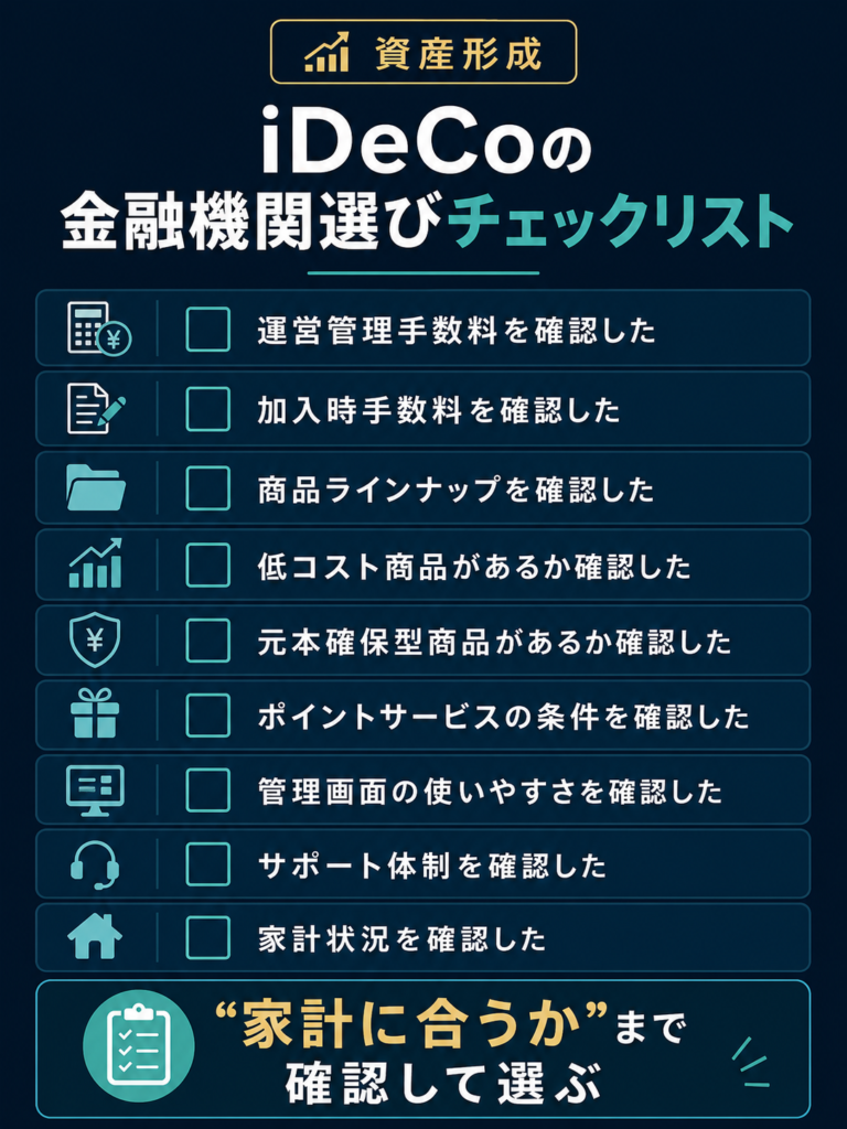 iDeCoの金融機関選びチェックリストとして、運営管理手数料・加入時手数料・商品ラインナップ・低コスト商品・元本確保型商品・ポイントサービス・管理画面・サポート体制・家計状況を整理した図解