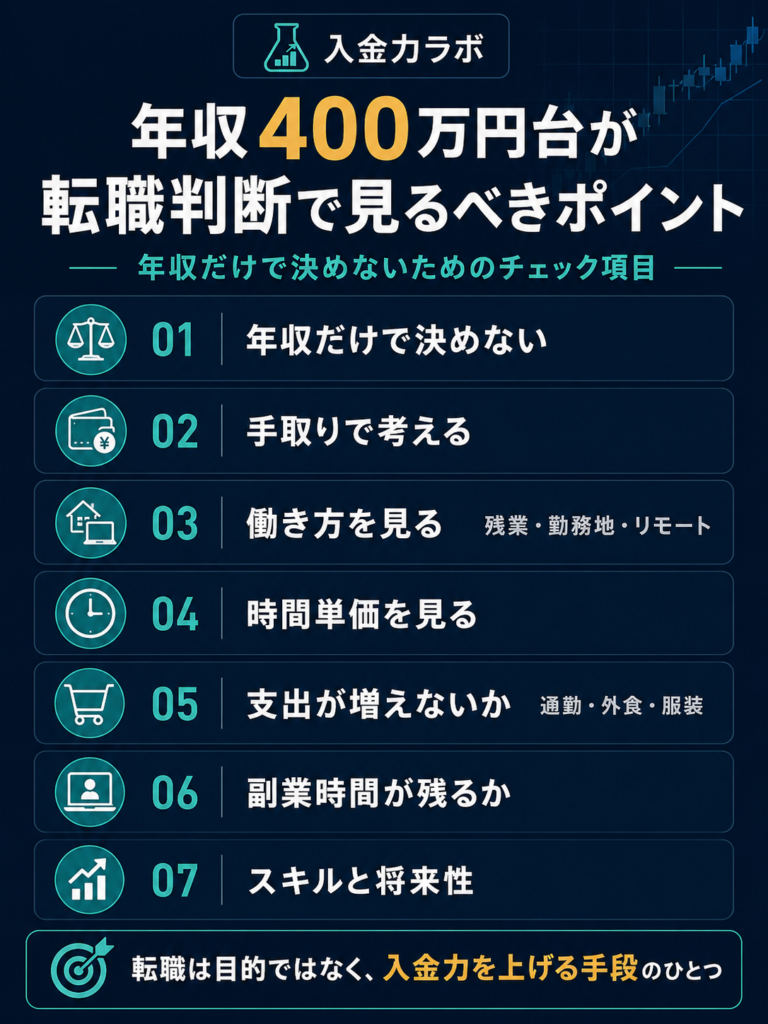 年収400万円台が転職判断で見るべきポイントとして、年収だけで決めず、手取り・働き方・時間単価・支出増加・副業時間・スキルと将来性を確認する図解