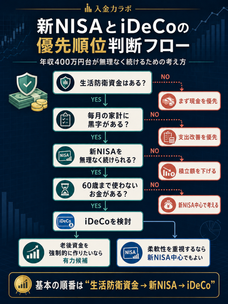 生活防衛資金・毎月の黒字・新NISAの継続性・60歳まで使わないお金を確認し、新NISAとiDeCoの優先順位を判断するフローチャート