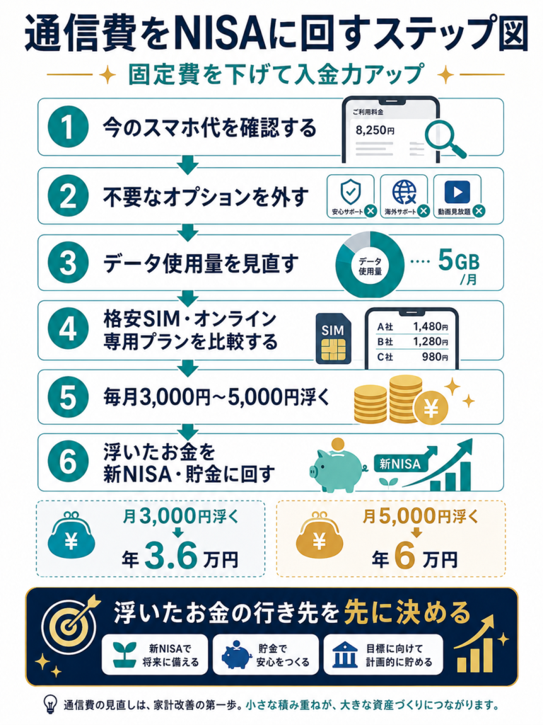 スマホ代の確認、不要なオプションの解約、データ使用量の見直し、格安SIM比較を通じて、浮いた通信費を新NISAや貯金に回す流れを示したステップ図
