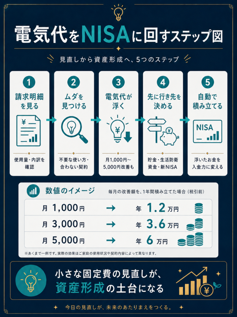 電気代の請求明細確認、無駄な支出の発見、電気代の削減、浮いたお金の行き先設定、自動積立までを通じて新NISAや貯金に回す流れを示したステップ図