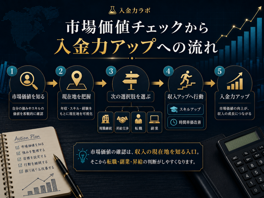 市場価値チェックから、現在地の把握・選択肢の整理・収入アップ行動・入金力アップへ進む流れを示した図解